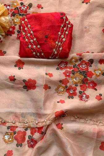 Floral peach hand embroidery tabby silk saree for women