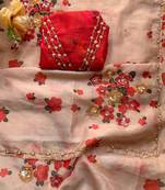 Floral peach hand embroidery tabby silk saree for women