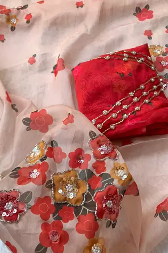 Floral peach hand embroidery tabby silk saree for women