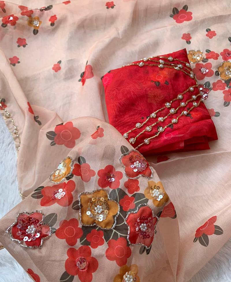 Floral peach hand embroidery tabby silk saree for women