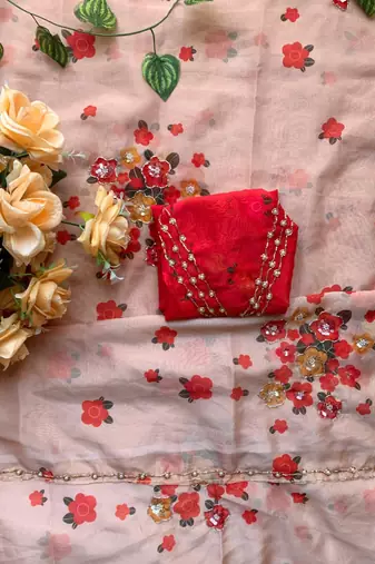 Floral peach hand embroidery tabby silk saree for women