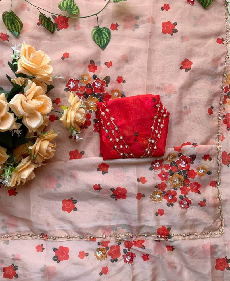 Floral peach hand embroidery tabby silk saree for women