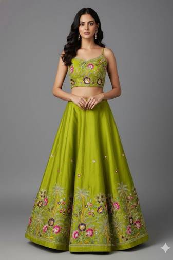 Lime Green Floral Lehenga Set