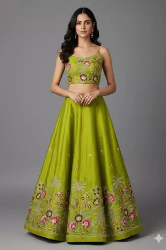 Lime Green Floral Lehenga Set
