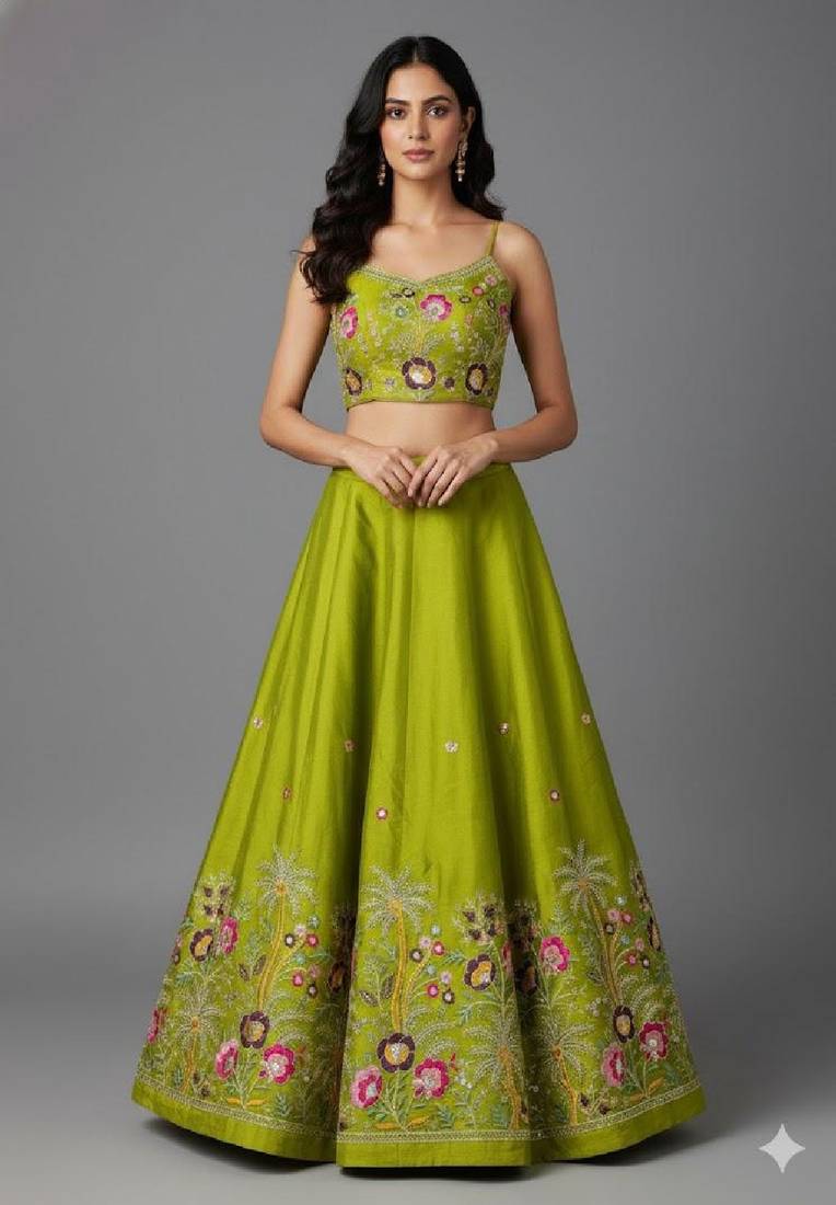 Lime Green Floral Lehenga Set