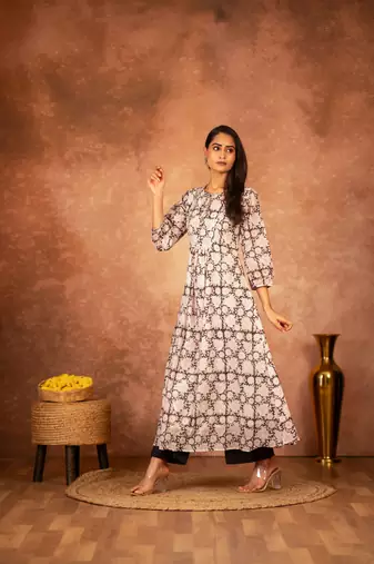 Black floral hand block printed cotton kurta pant  set of 2