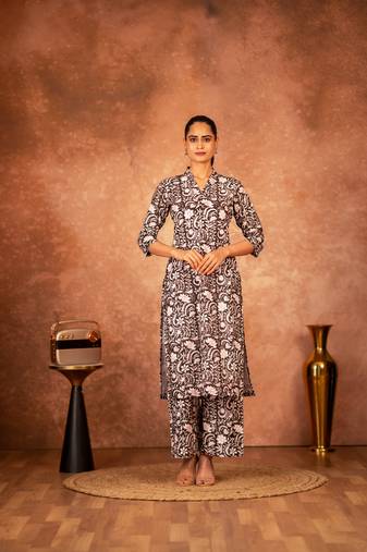 Black floral hand block printed cotton kurta pant  set of 2