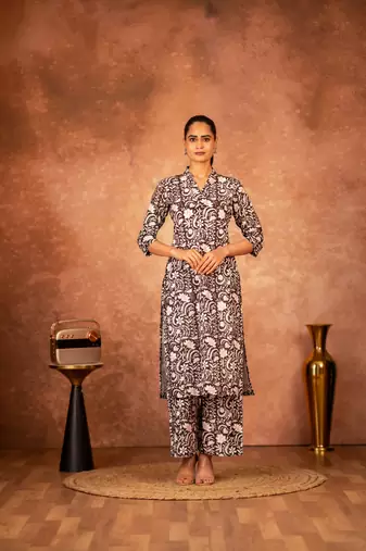 Black floral hand block printed cotton kurta pant  set of 2