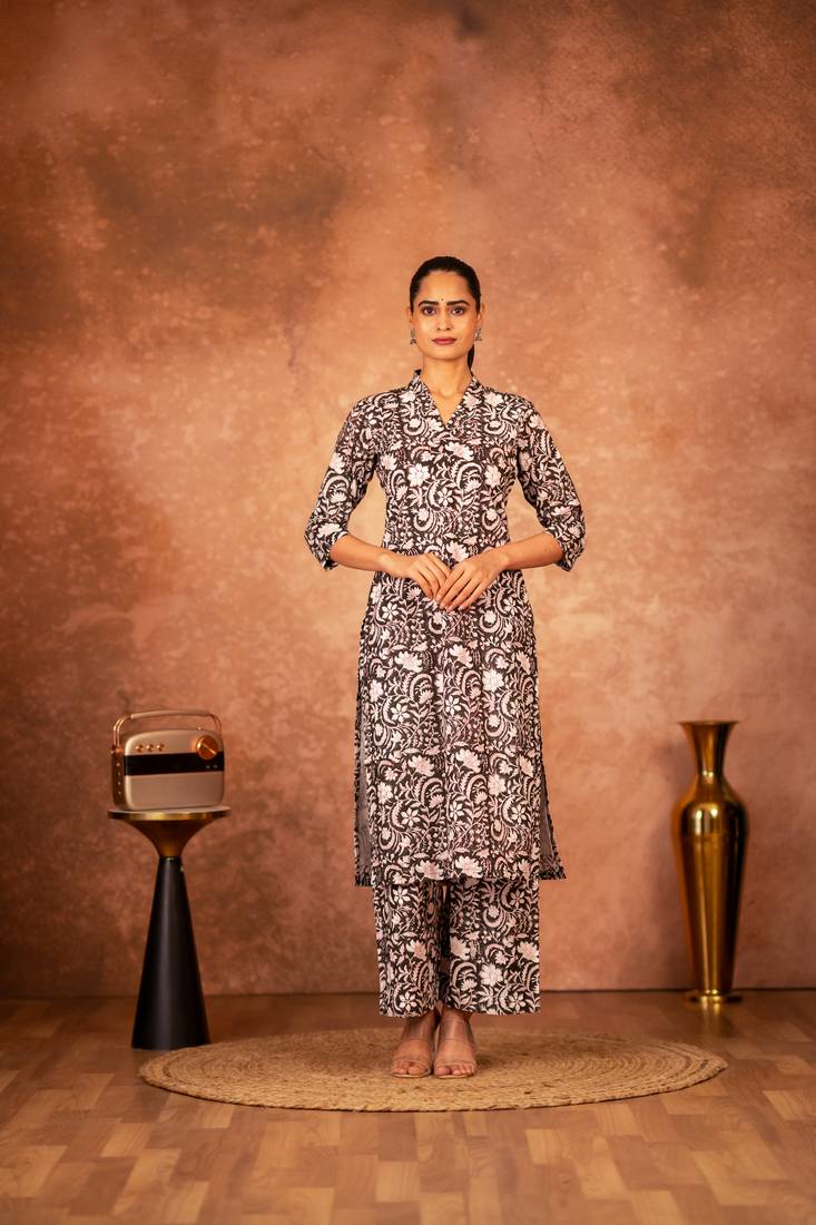 Black floral hand block printed cotton kurta pant  set of 2