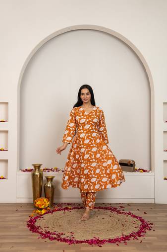 Peach hand block print cotton kurta set