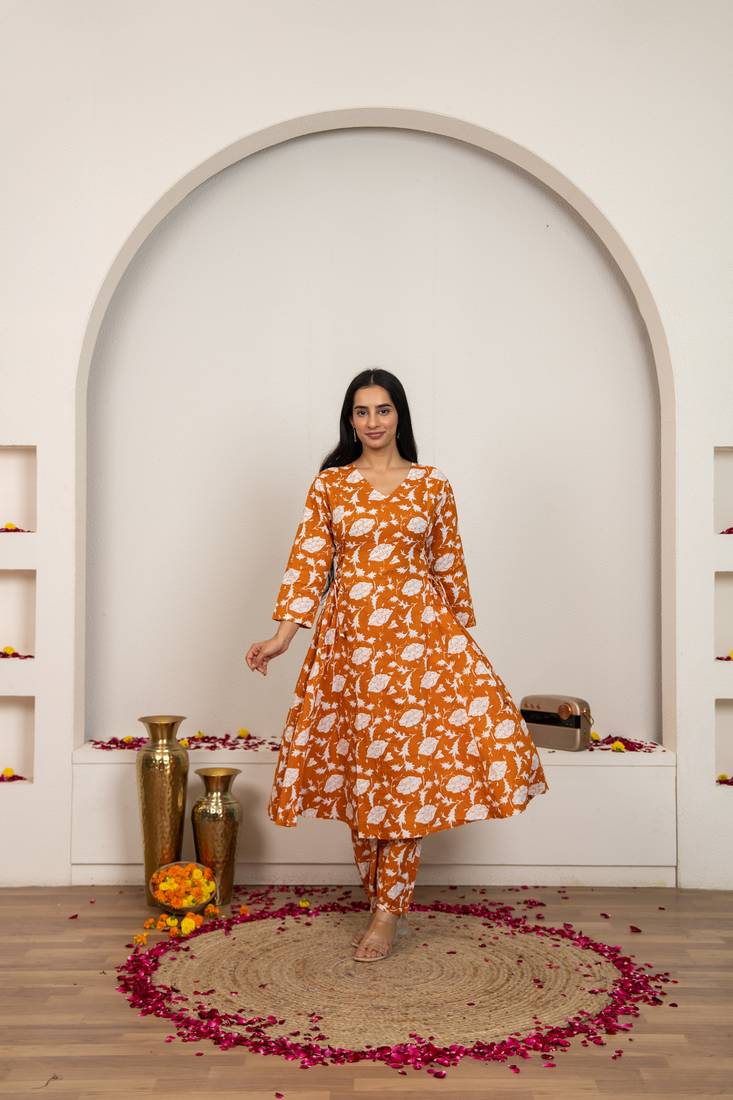 Peach hand block print cotton kurta set