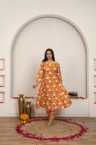 Peach hand block print cotton kurta set