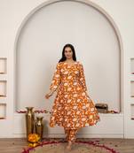 Peach hand block print cotton kurta set