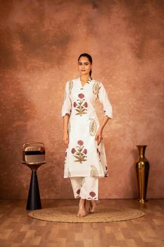 Off white red floral hand block printed cotton kurta pant  set of 2