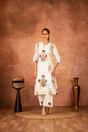 Off white red floral hand block printed cotton kurta pant  set of 2