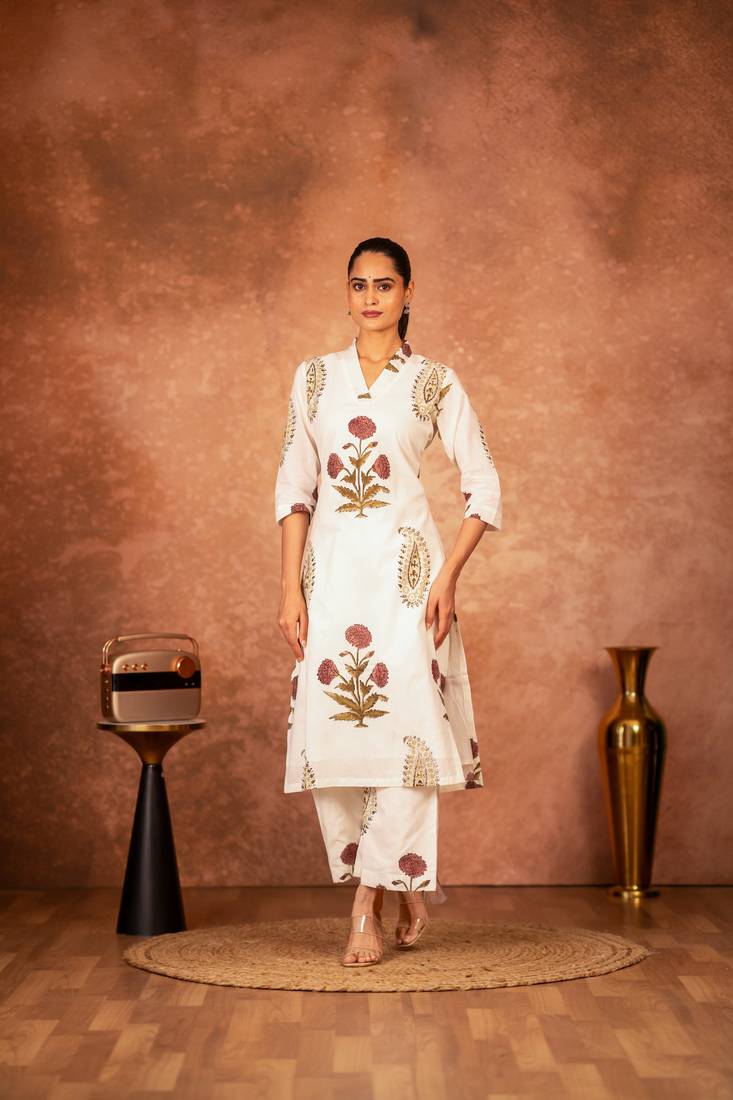 Off white red floral hand block printed cotton kurta pant  set of 2