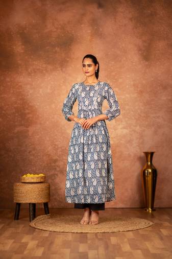 Blue floral hand block printed cotton kurta pant  set of 2