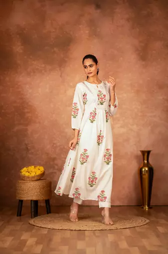 Off white pink floral hand block printed cotton kurta pant  set of 2