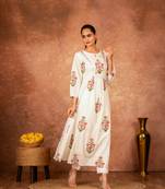 Off white pink floral hand block printed cotton kurta pant  set of 2