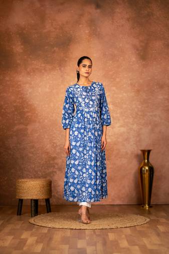 Blue floral hand block printed cotton kurta pant  set of 2