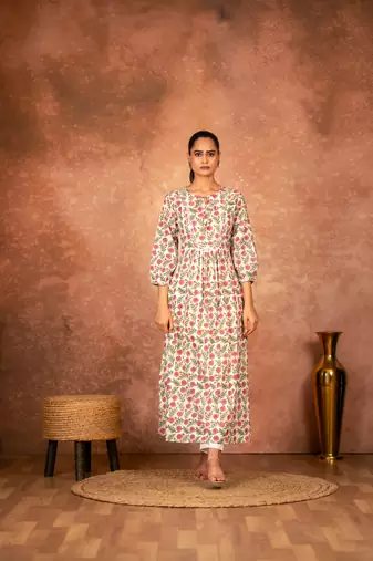 Red floral hand block printed cotton kurta pant  set of 2