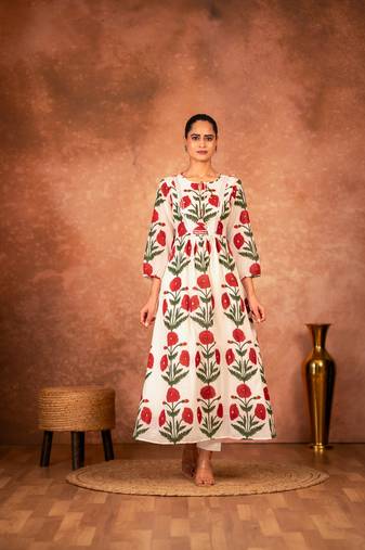 Red rose floral hand block printed cotton kurta pant  set of 2