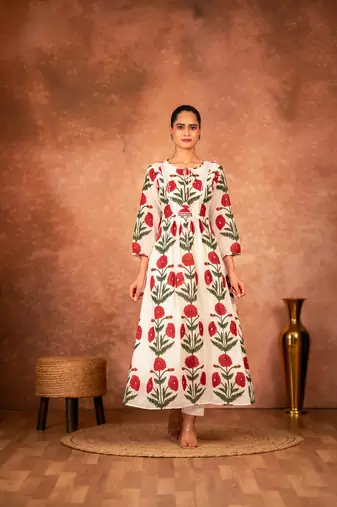 Red rose floral hand block printed cotton kurta pant  set of 2