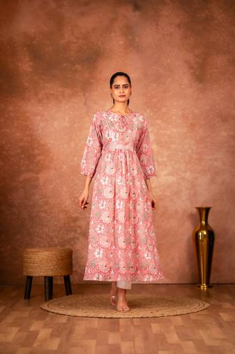 Pink floral hand block printed cotton kurta pant  set of 2