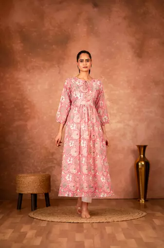 Pink floral hand block printed cotton kurta pant  set of 2