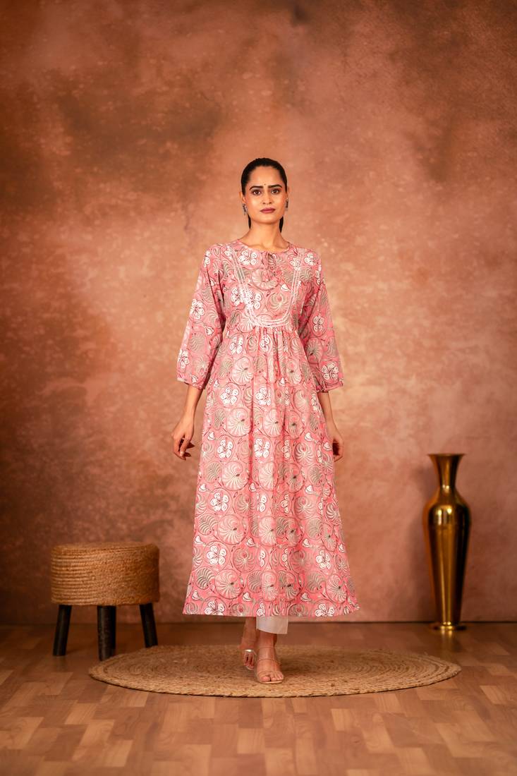 Pink floral hand block printed cotton kurta pant  set of 2