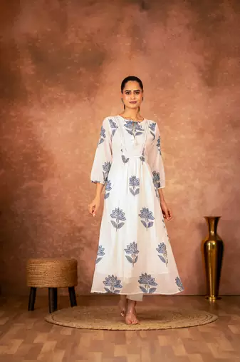 Blue floral hand block printed cotton kurta pant  set of 2