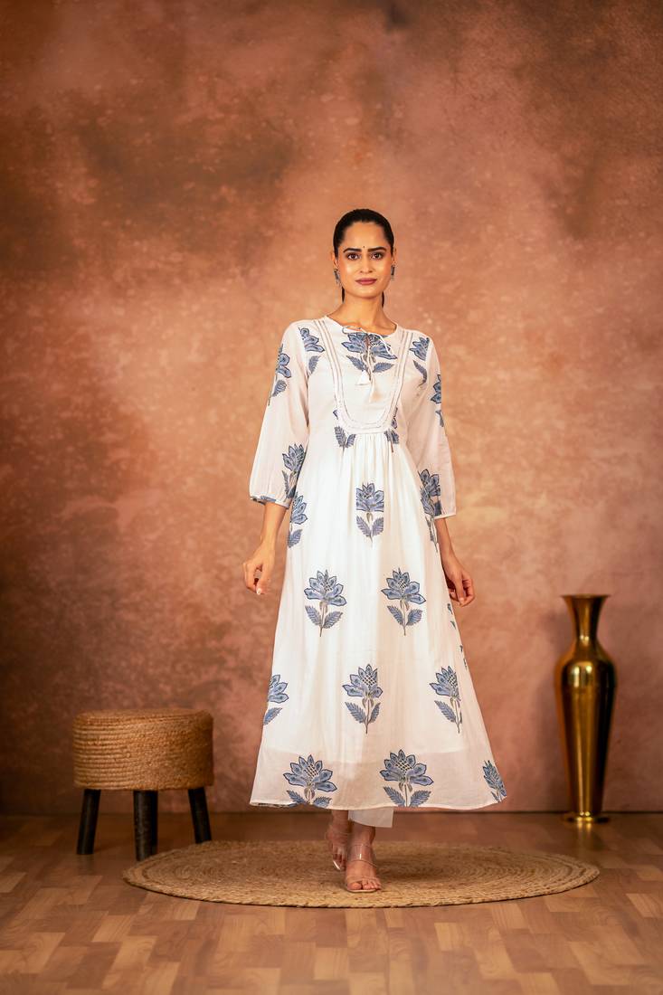 Blue floral hand block printed cotton kurta pant  set of 2