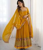 mustard georgette anarkali suit set with embroidery