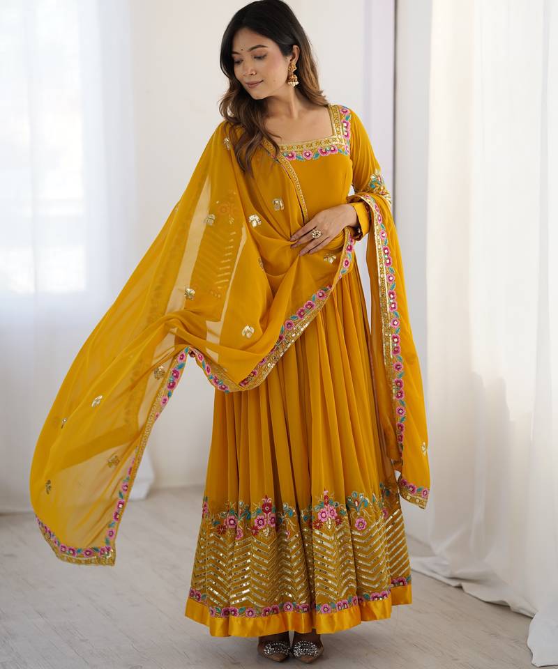 mustard georgette anarkali suit set with embroidery