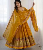 mustard georgette anarkali suit set with embroidery