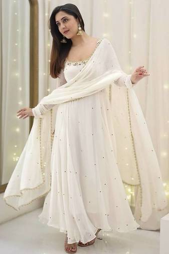 white embroidered georgette anarkali suit set