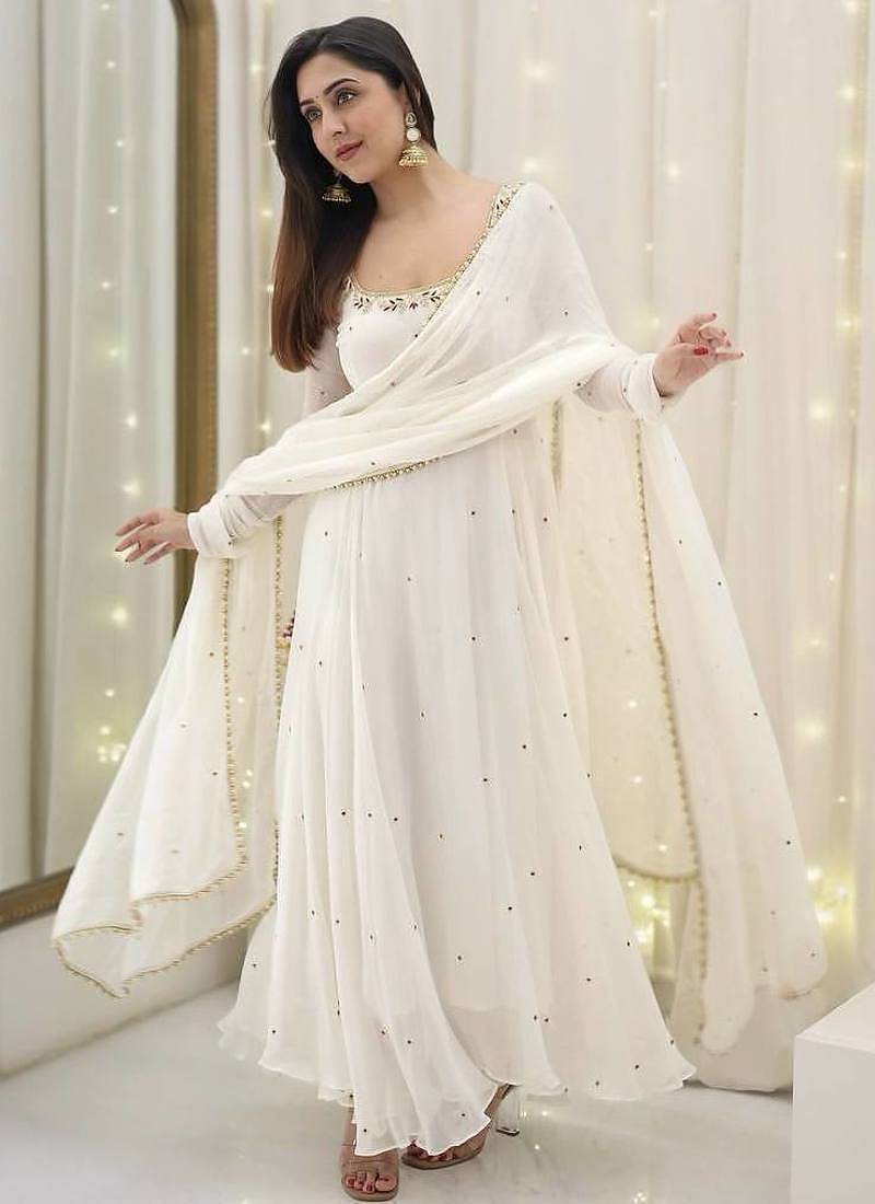 white embroidered georgette anarkali suit set