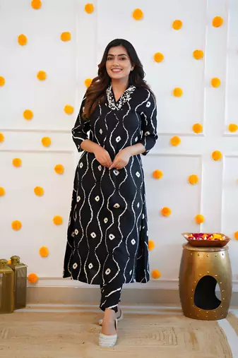 Black Lahriya Printed Kurta with Embroidered Neck & Pant Set – Ethnic Wear