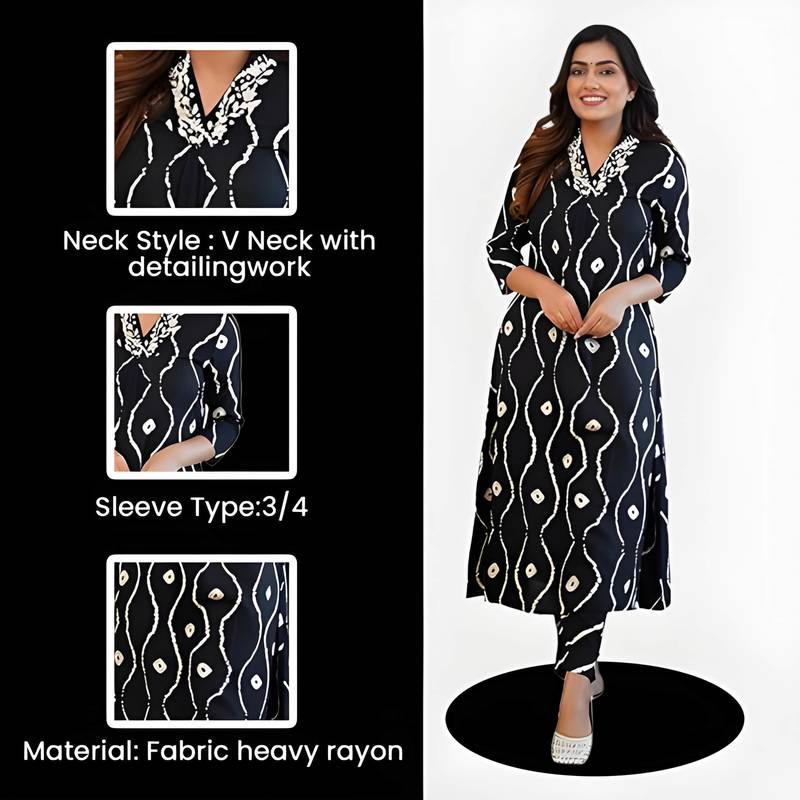 Black Lahriya Printed Kurta with Embroidered Neck & Pant Set – Ethnic Wear