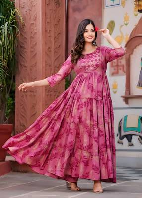 Women   s Pink Floral Print Anarkali Style Flared Gown Dress with Embellished Yoke     Festive & Casual Wear 1