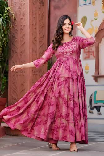 Women’s Pink Floral Print Anarkali Style Flared Gown Dress with Embellished Yoke – Festive & Casual Wear