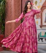 Women’s Pink Floral Print Anarkali Style Flared Gown Dress with Embellished Yoke – Festive & Casual Wear
