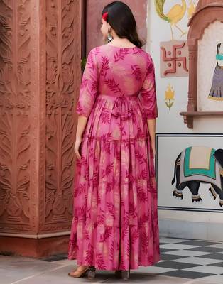 Women   s Pink Floral Print Anarkali Style Flared Gown Dress with Embellished Yoke     Festive & Casual Wear 2