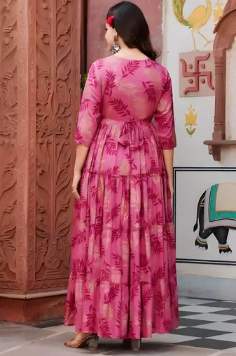 Women   s Pink Floral Print Anarkali Style Flared Gown Dress with Embellished Yoke     Festive & Casual Wear