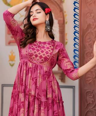 Women   s Pink Floral Print Anarkali Style Flared Gown Dress with Embellished Yoke     Festive & Casual Wear 3