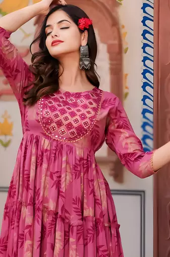 Women   s Pink Floral Print Anarkali Style Flared Gown Dress with Embellished Yoke     Festive & Casual Wear