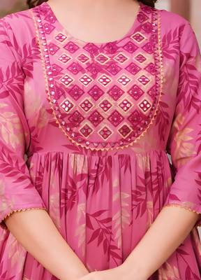 Women   s Pink Floral Print Anarkali Style Flared Gown Dress with Embellished Yoke     Festive & Casual Wear 4