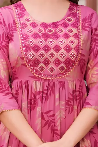 Women   s Pink Floral Print Anarkali Style Flared Gown Dress with Embellished Yoke     Festive & Casual Wear
