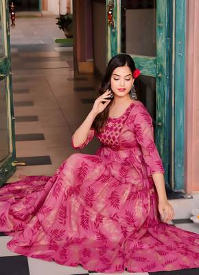 Women   s Pink Floral Print Anarkali Style Flared Gown Dress with Embellished Yoke     Festive & Casual Wear 5