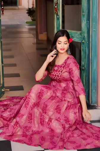 Women   s Pink Floral Print Anarkali Style Flared Gown Dress with Embellished Yoke     Festive & Casual Wear